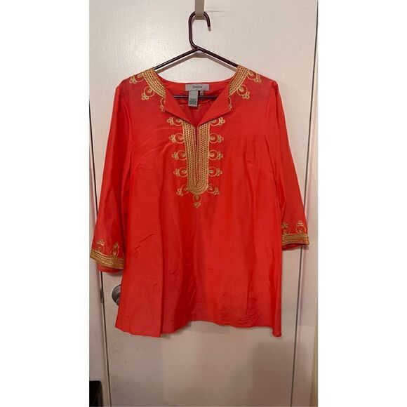 Theme Women's Silk Blend Embroidered 3/4 Sleeve Tunic Blouse Orange Size Medium - Picture 2 of 10